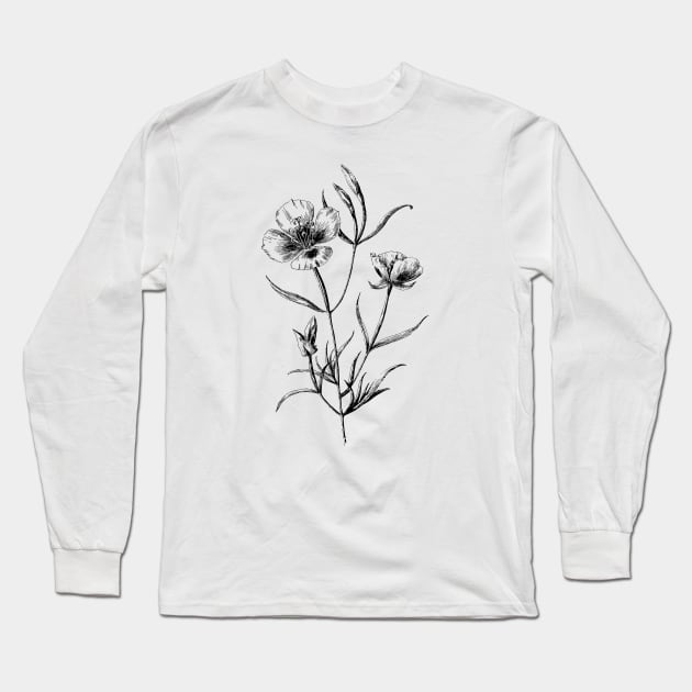 California Poppy Flower Black and White Vintage Botanical Illustration, Long Sleeve T-Shirt by Biophilia